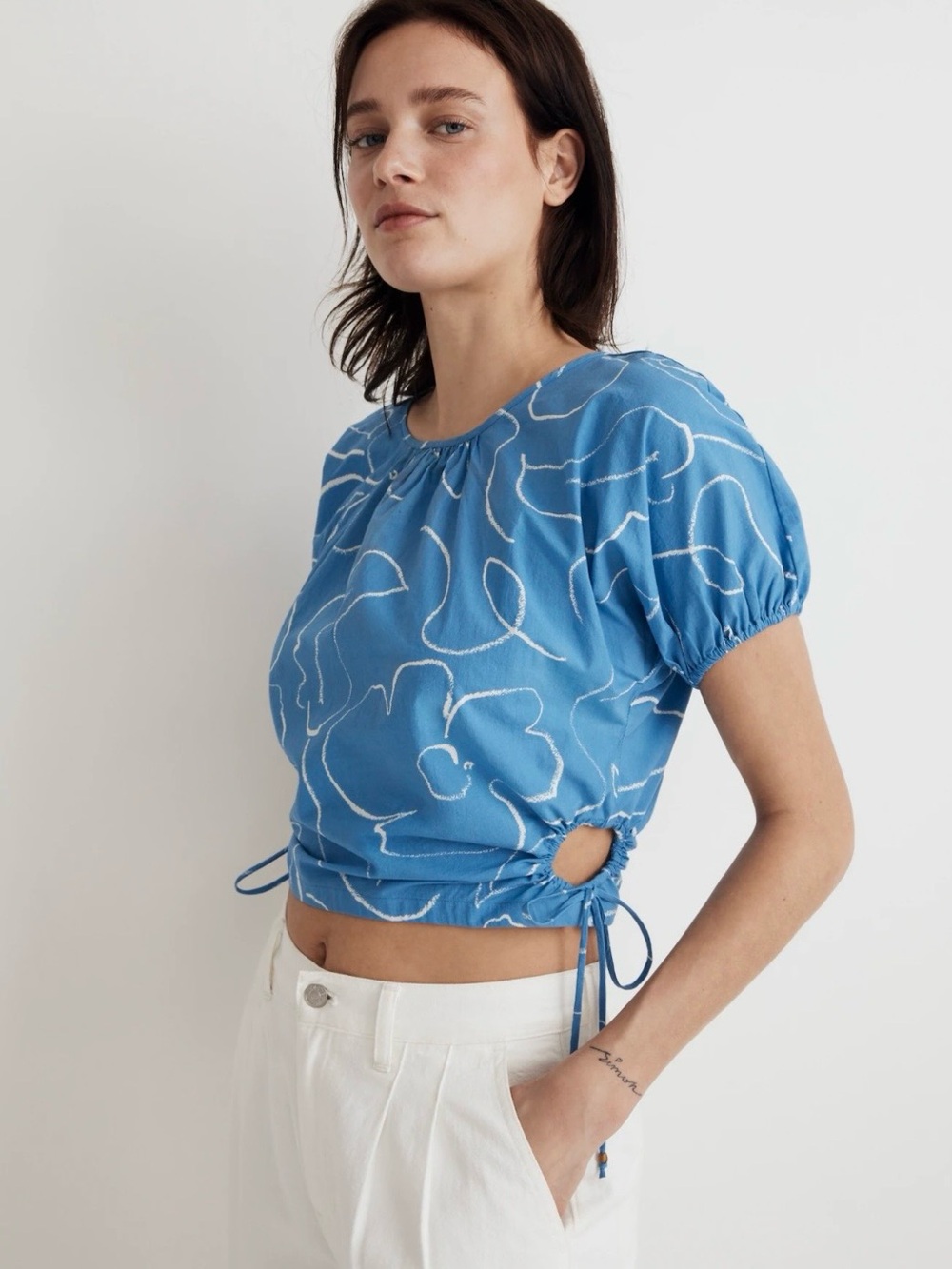 Madewell NWT XS Blue Floral Drawstring Top